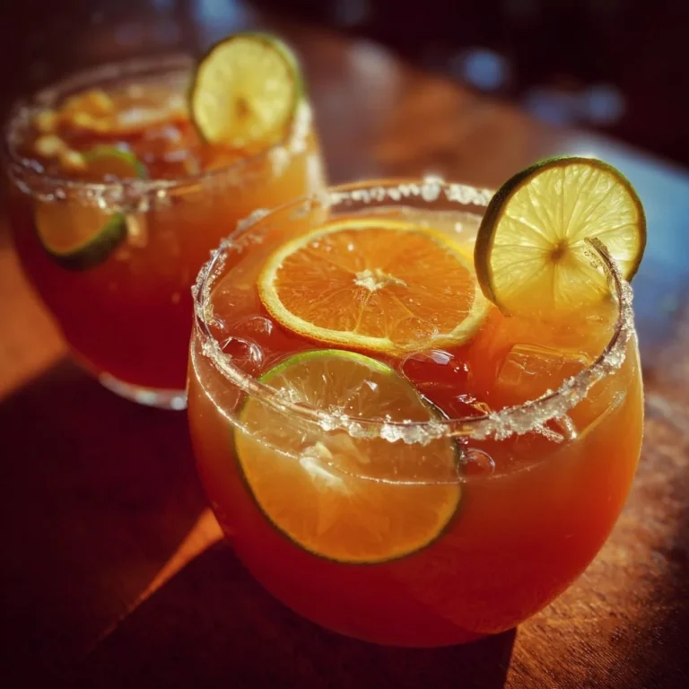 Colorful Harvest Rum Punch in a tropical setting, garnished with fresh fruit.