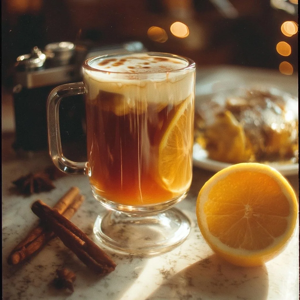 A warm cup of Hot Buttered Rum topped with whipped cream and a cinnamon stick.