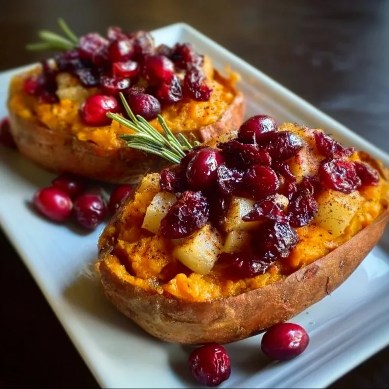 Cranberry apple twice-baked sweet potatoes topped with nuts and herbs