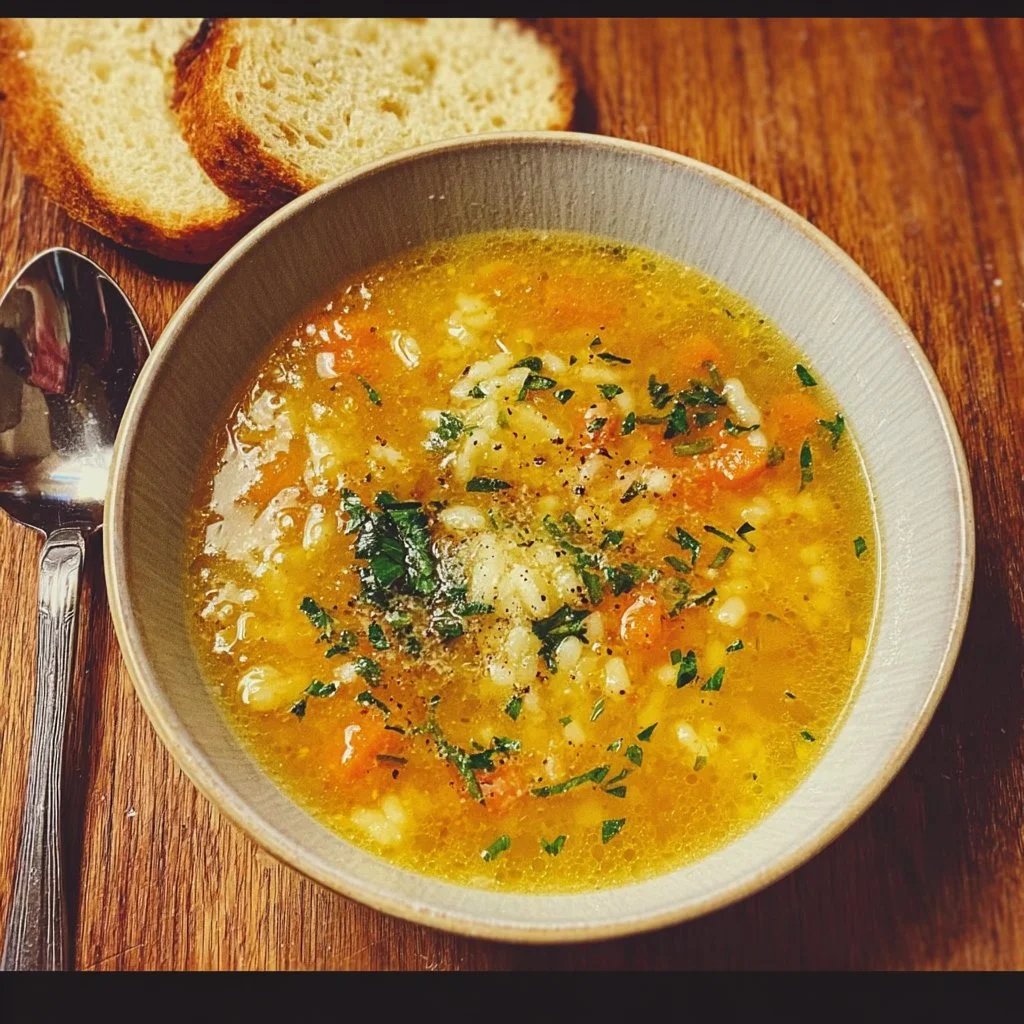 A bowl of Italian Penicillin Soup garnished with fresh herbs and vegetables.