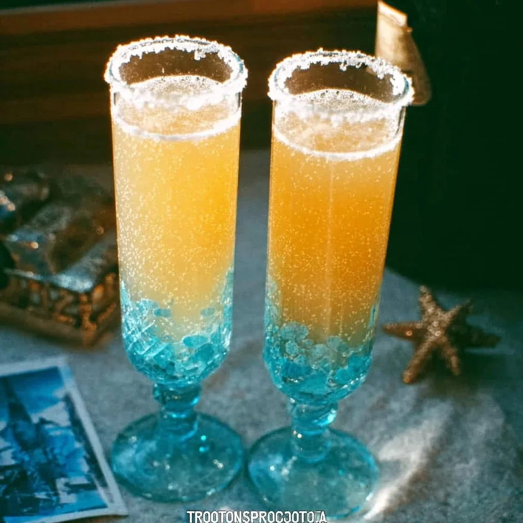 Festive Jack Frost Mimosas cocktail served in a glass with winter decorations.