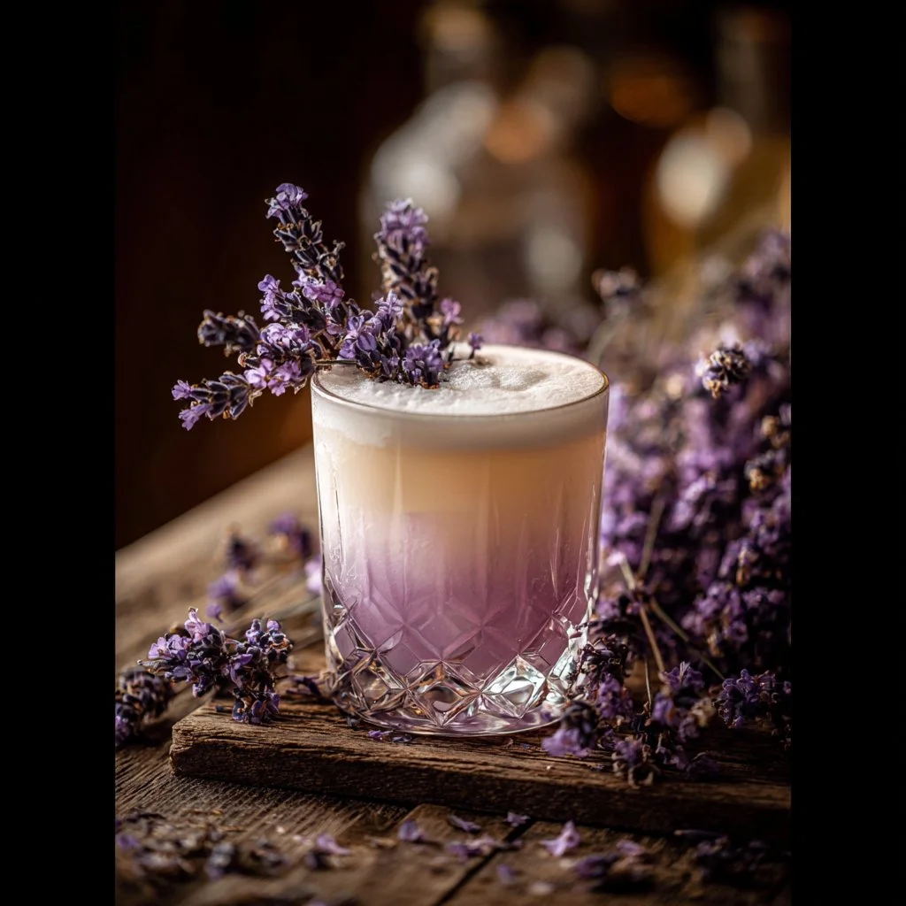 Lavender Gin Sour cocktail with floral garnish in a glass