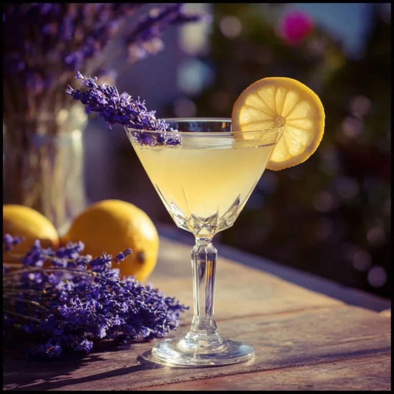 Lavender Lemon Drop Martini garnished with lavender sprigs and lemon slice.