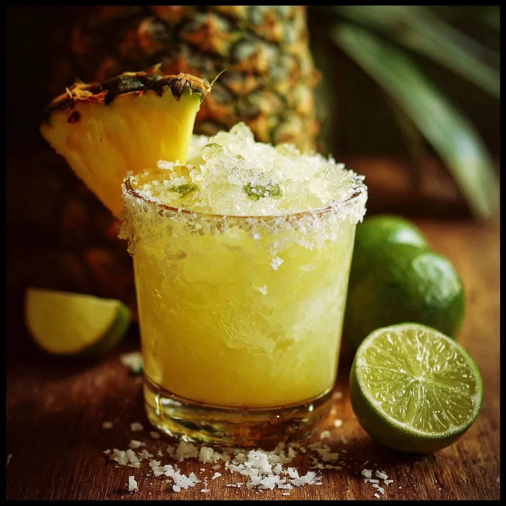 Pineapple Coconut Margarita garnished with lime and pineapple slice