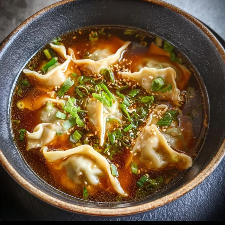 Bowl of steaming potsticker soup with dumplings and green onions