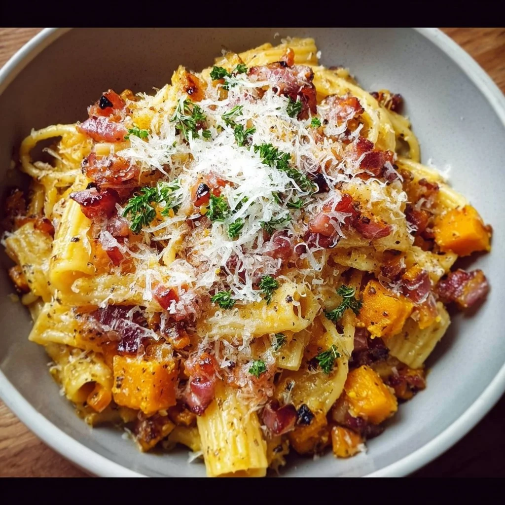 Delicious Pumpkin Pasta with bacon and caramelized onions served in a bowl.