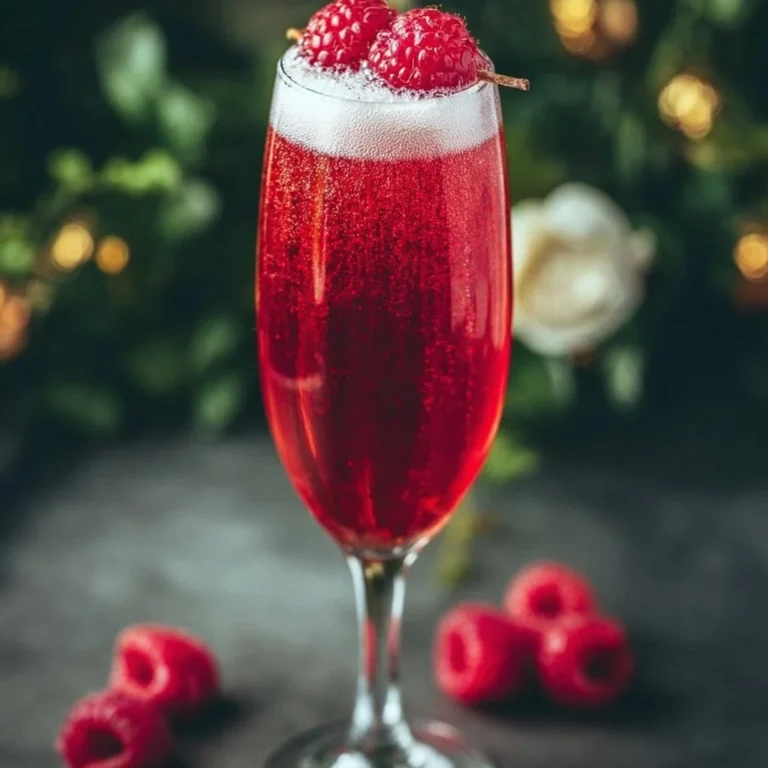 Raspberry Champagne Bellini cocktail with fresh raspberries and bubbly champagne