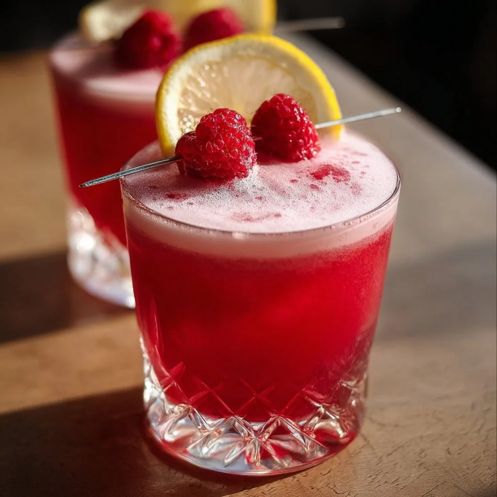 A vibrant Raspberry Gin Sour cocktail garnished with fresh raspberries and mint.