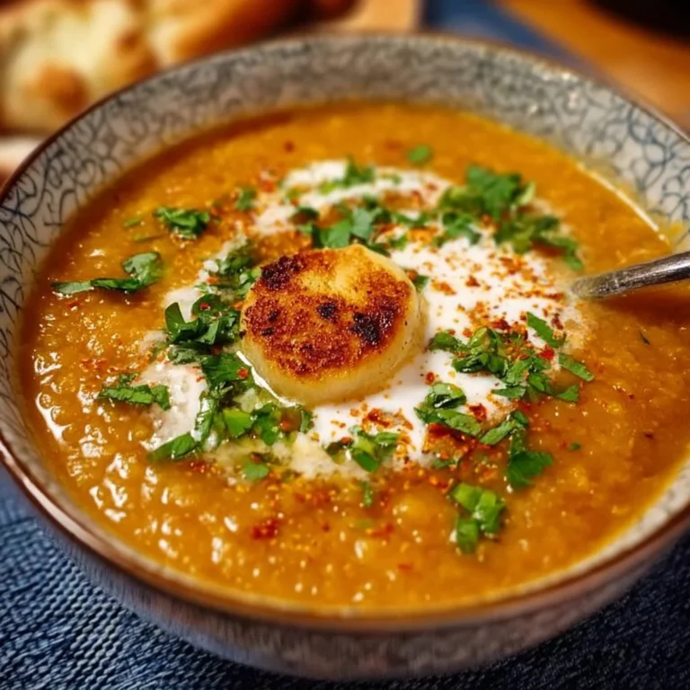 Bowl of hearty red lentil soup with herbs and spices