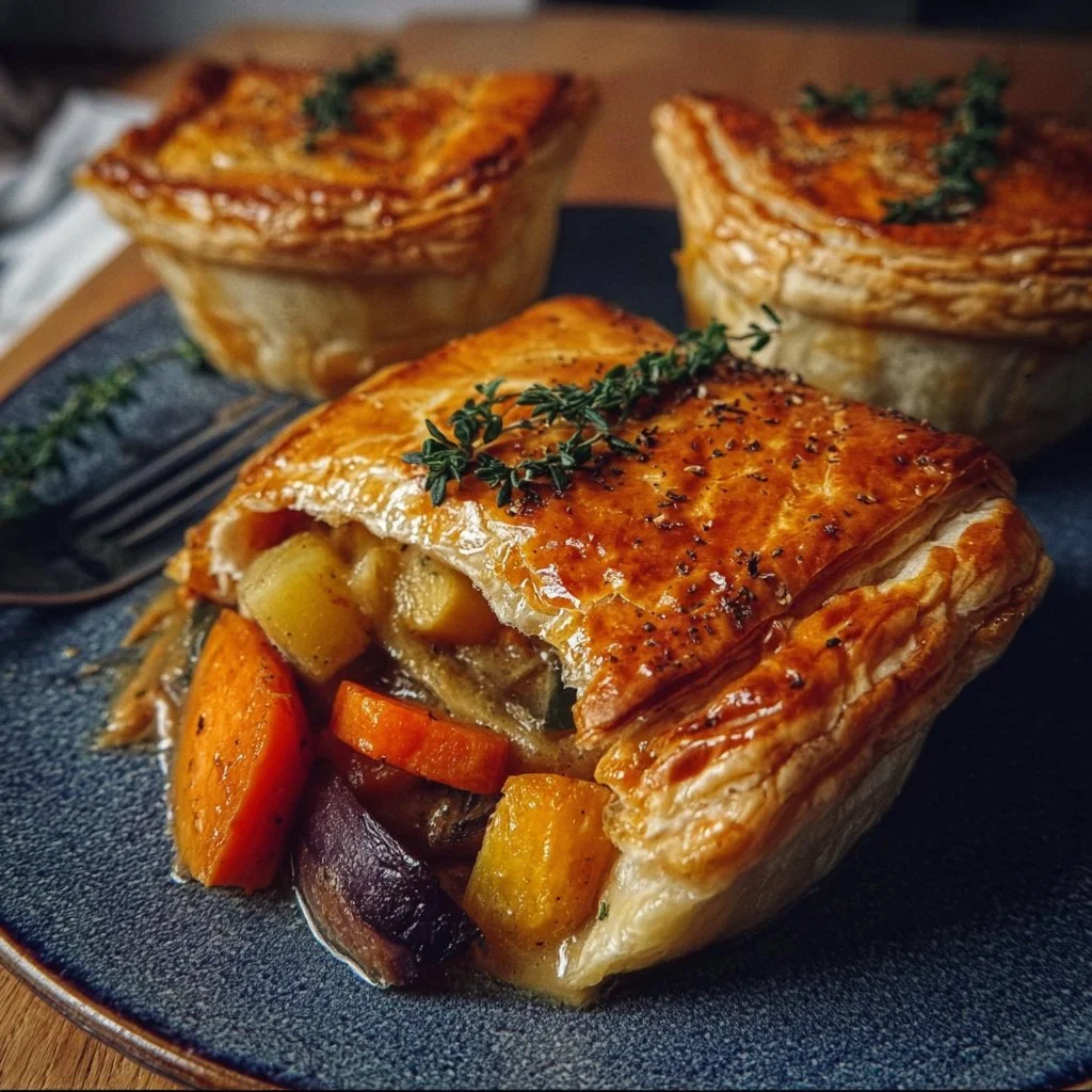 Delicious roasted autumn vegetable pot pies served in rustic dishes