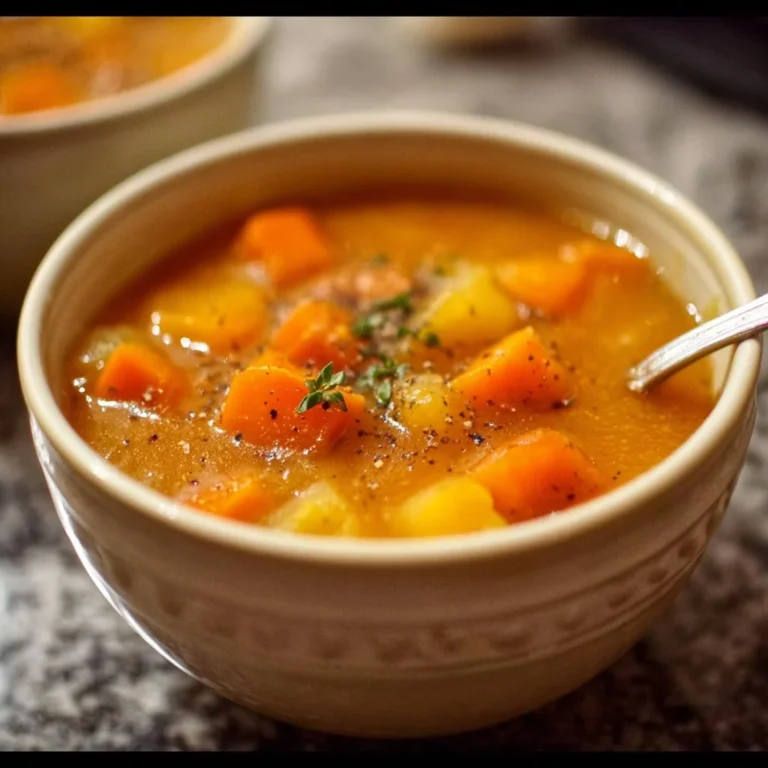 A bowl of delicious roasted vegetable soup garnished with herbs.