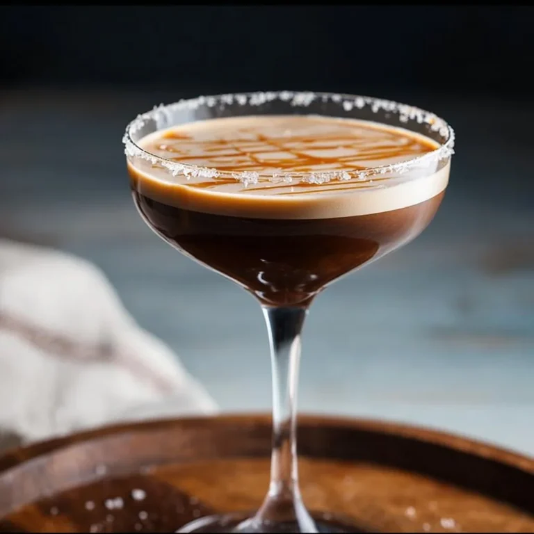 Salted Caramel Espresso Martini garnished with salted caramel and coffee beans