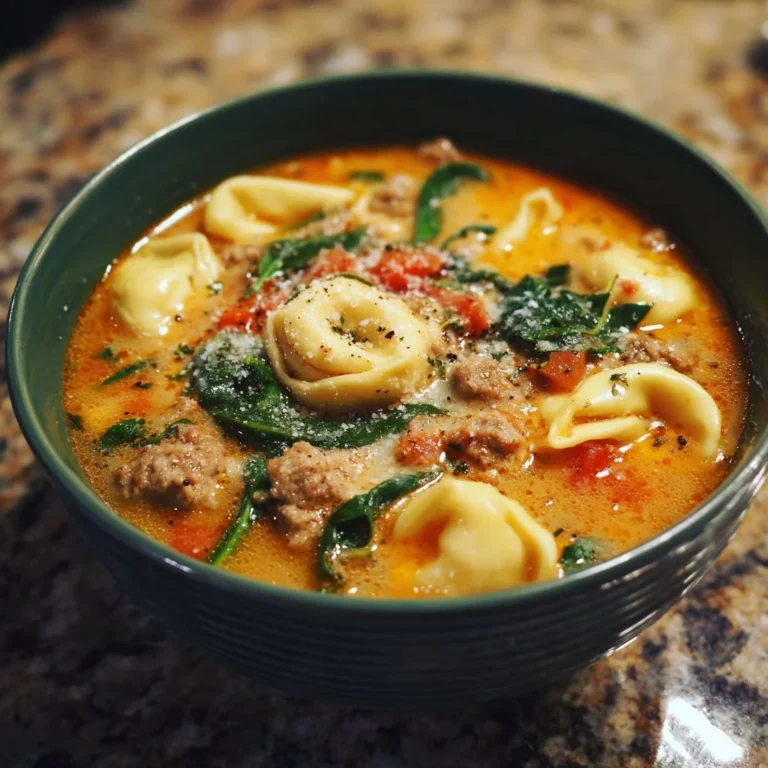 Bowl of Sausage Tortellini Soup with Spinach garnished with herbs