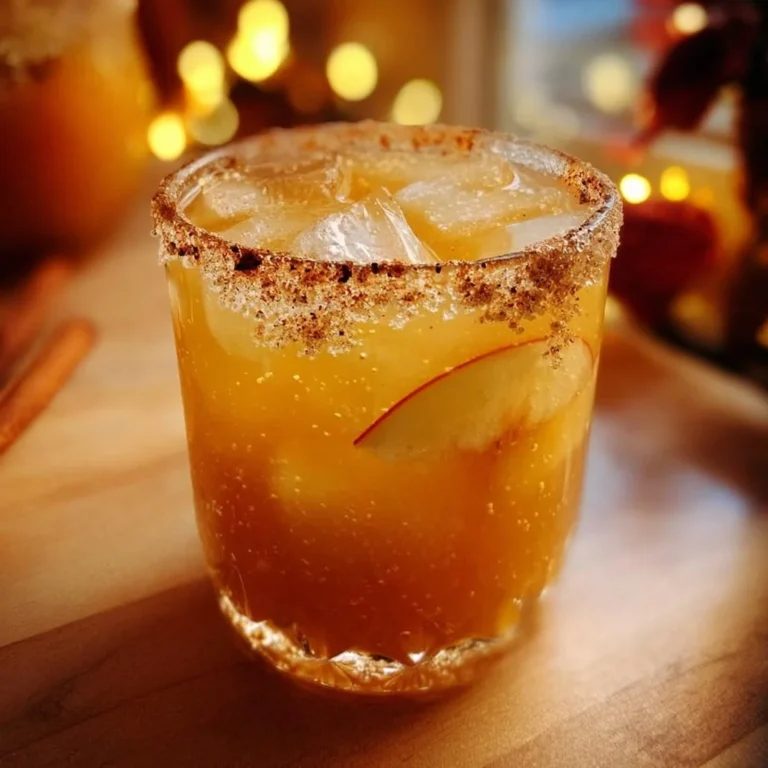 Spiced apple cider margaritas served in a rustic glass with autumn decorations.