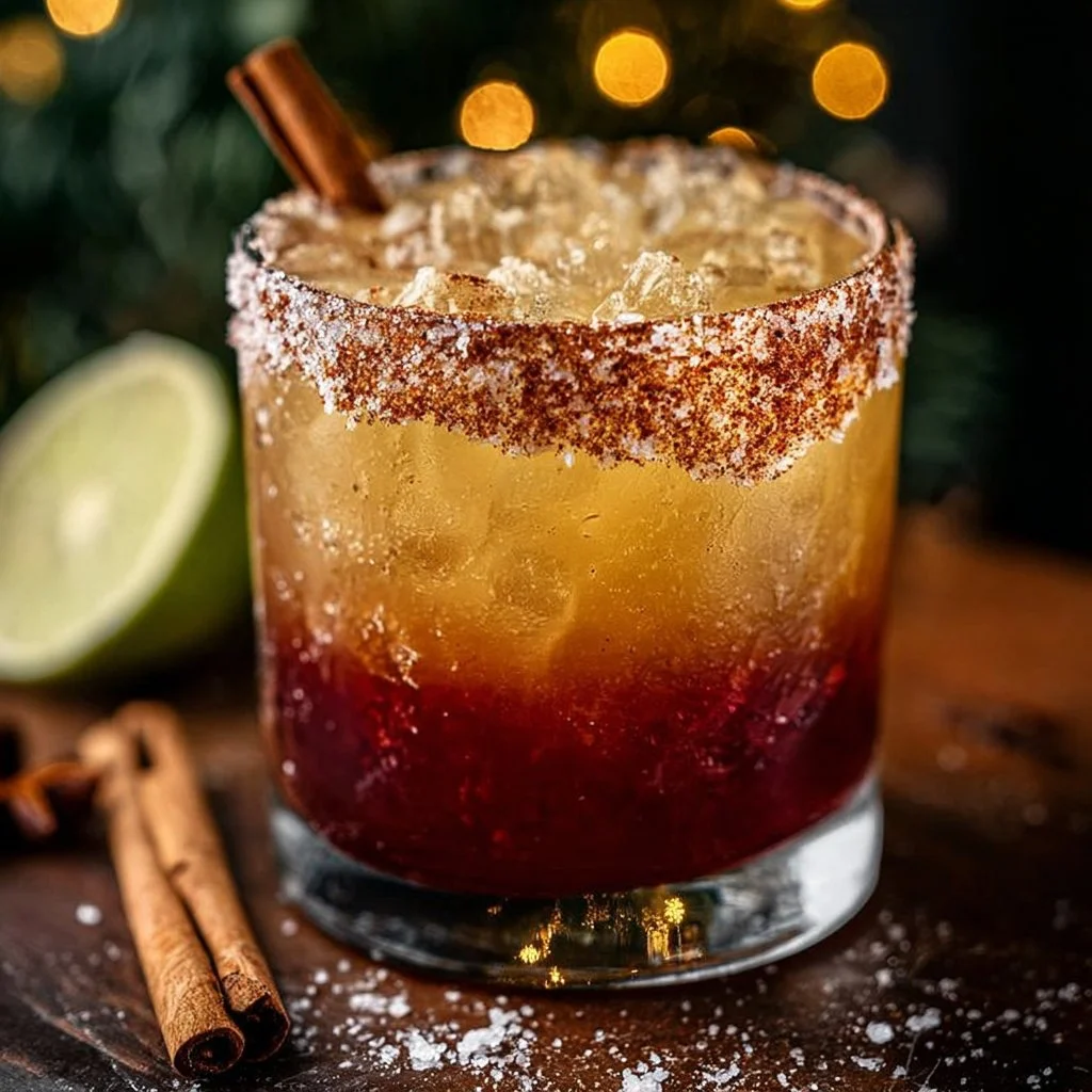Festive Spiced Christmas Margarita in a glass with holiday decorations