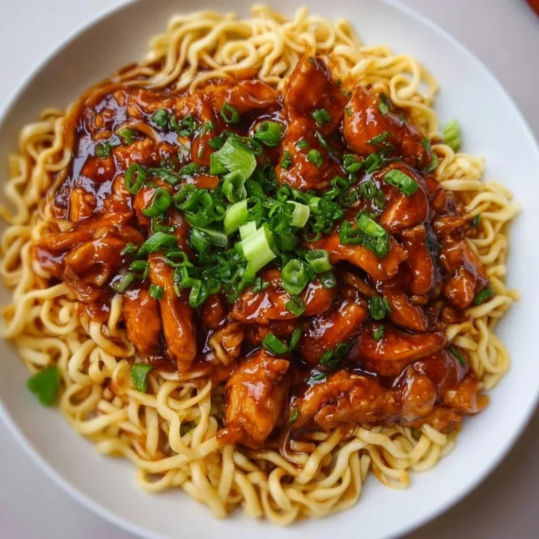 Delicious sticky garlic chicken noodles served in a bowl garnished with herbs.