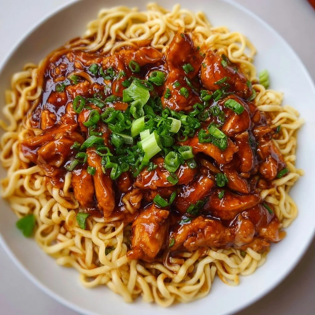 Delicious sticky garlic chicken noodles served in a bowl garnished with herbs.
