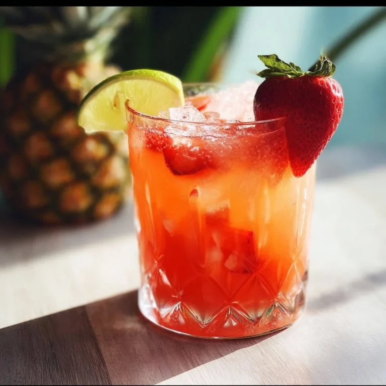 Delicious strawberry coconut rum punch served in a tropical glass.
