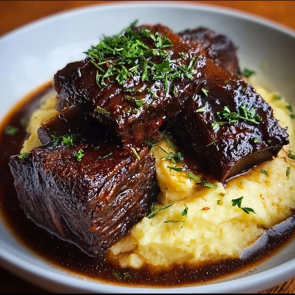 Plate of tender braised short ribs served with garlic mashed potatoes