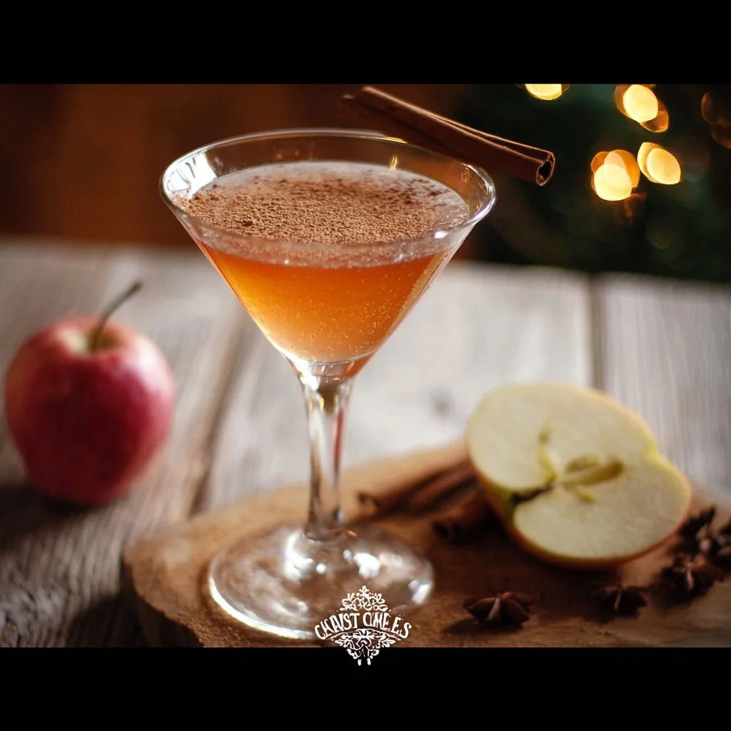 Winter Spiced Apple Martini cocktail with spices and apple garnish