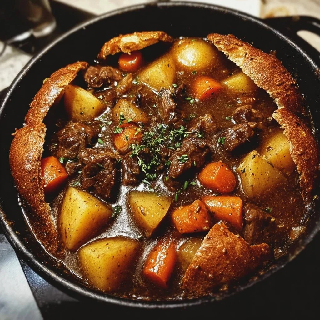A delicious bowl of Witch's Cauldron Beef Stew packed with vegetables and tender beef.