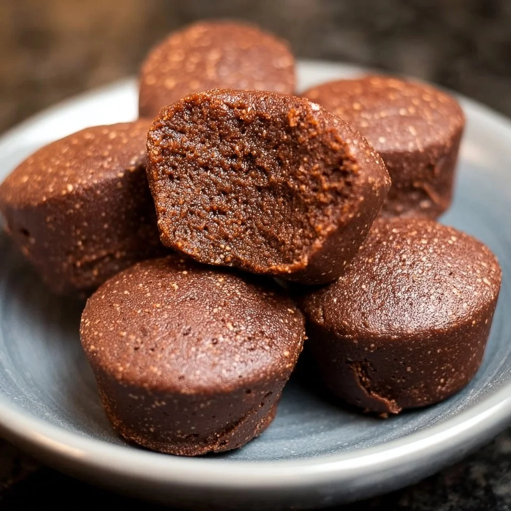 No bake brownie bites made with 3 ingredients on a plate