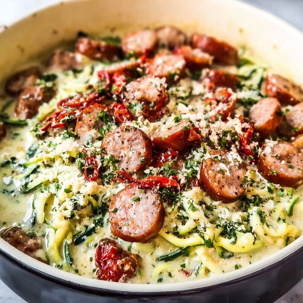 Keto Creamy Tuscan Zucchini Noodles with Sausage