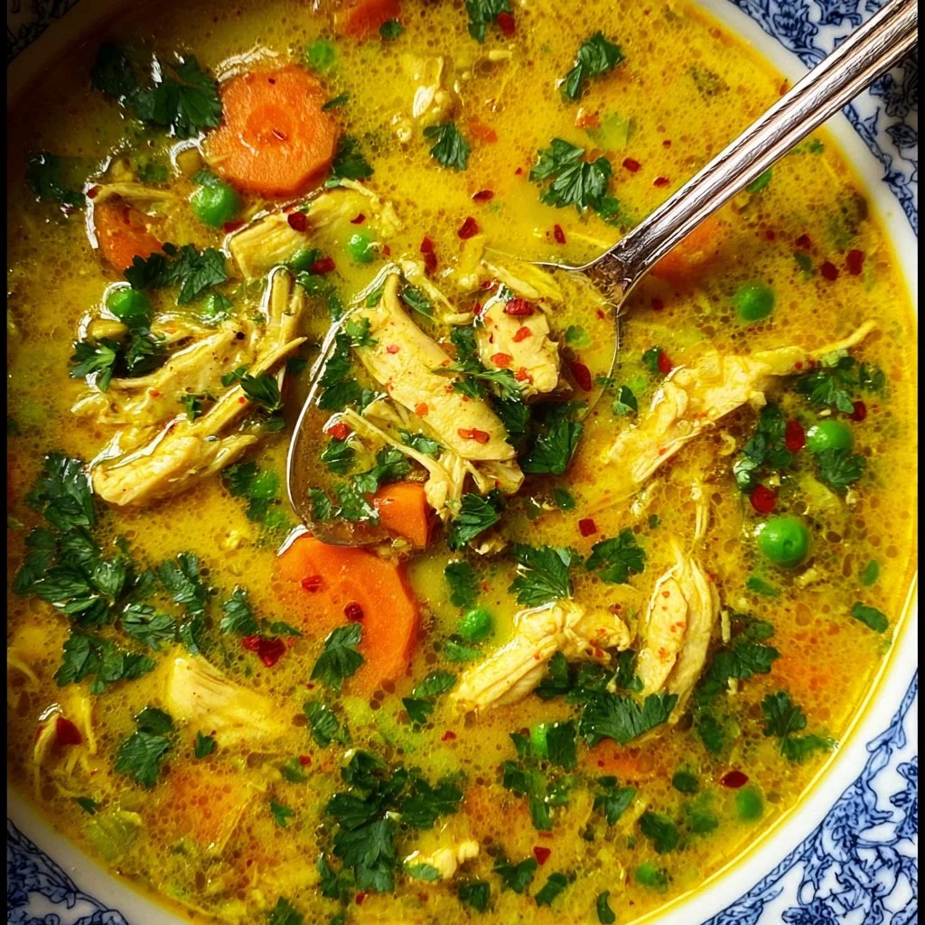 Bowl of anti-inflammatory turmeric chicken soup with herbs and spices