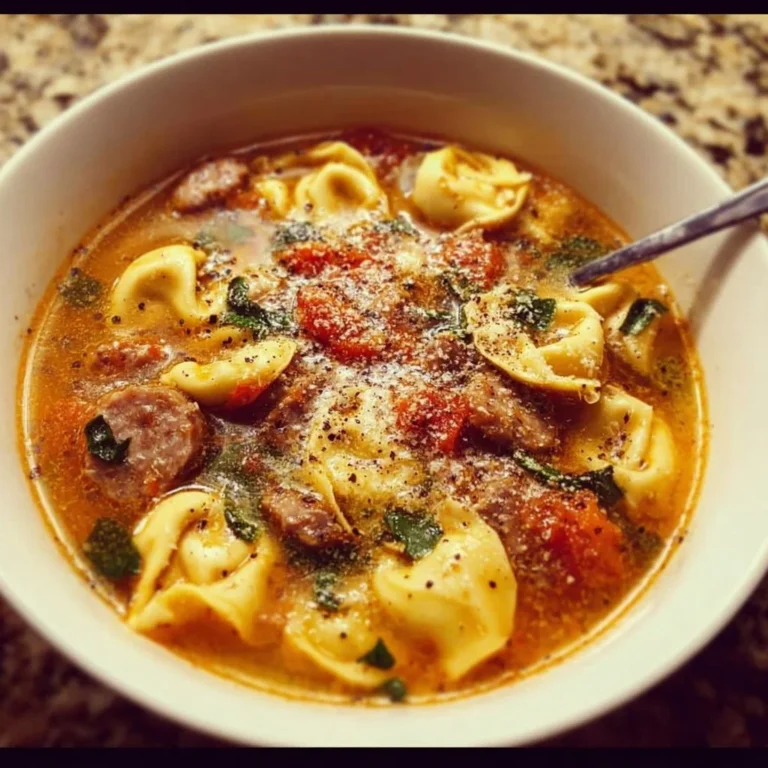 Bowl of Autumn Tortellini Soup with Sausage garnished with herbs