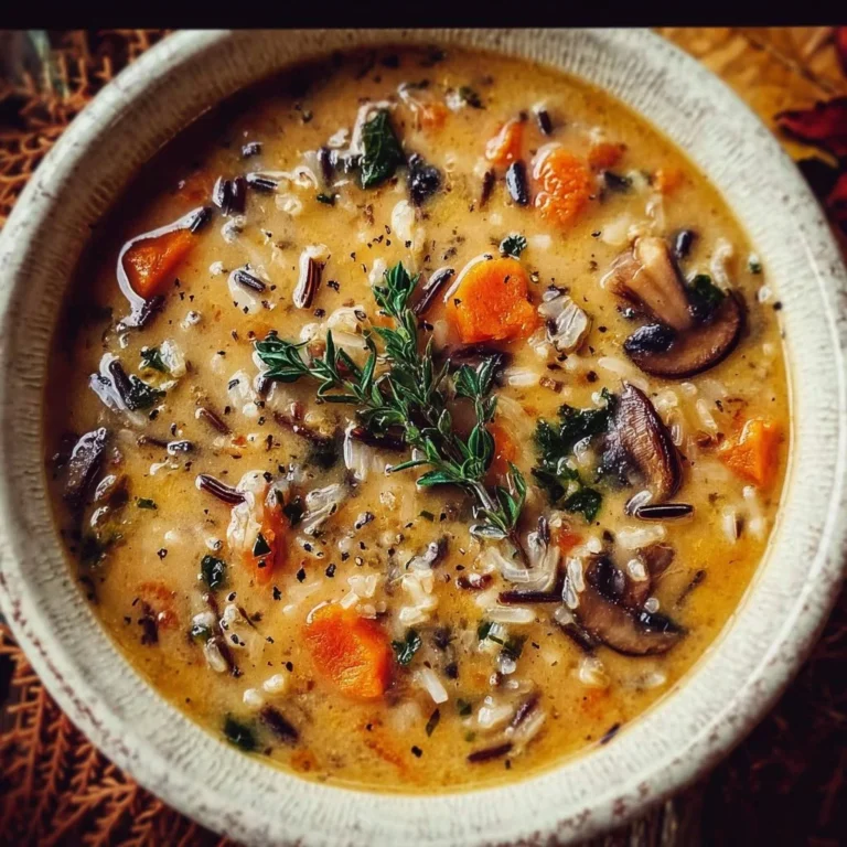 Bowl of hearty autumn wild rice soup with vegetables and herbs