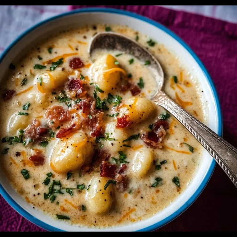 Bacon Cheddar Gnocchi Soup served in a bowl, showcasing creamy texture and ingredients.