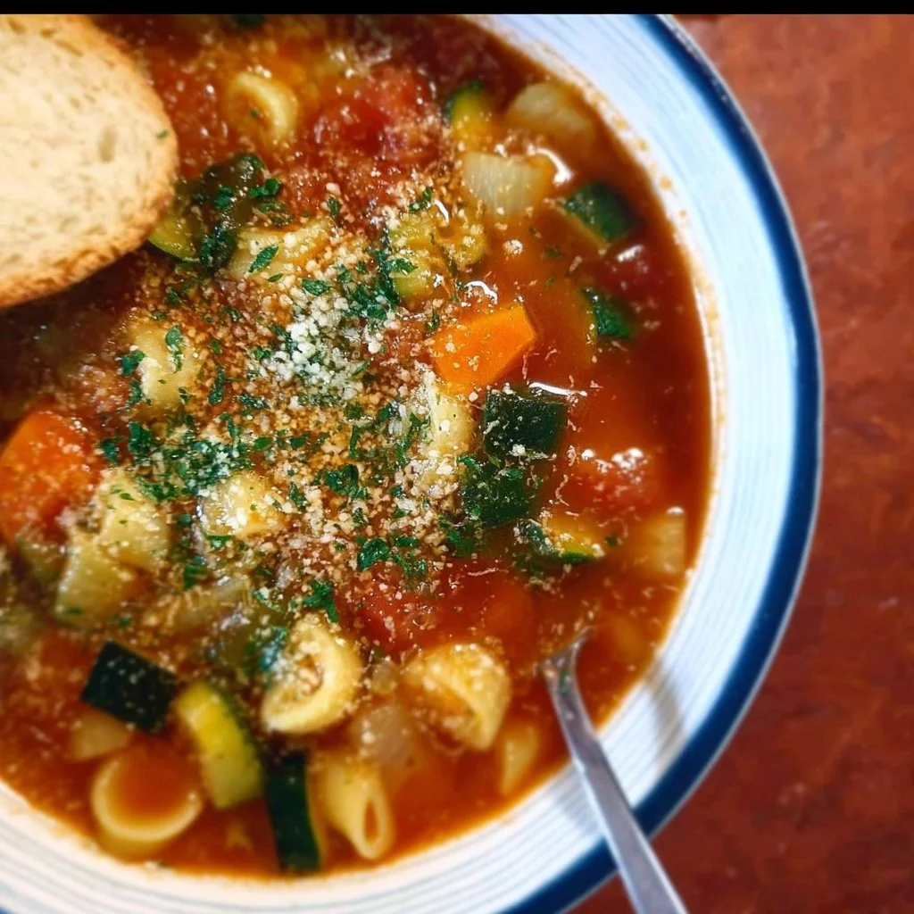 Delicious bowl of Blue Zones Minestrone Soup packed with fresh vegetables and beans