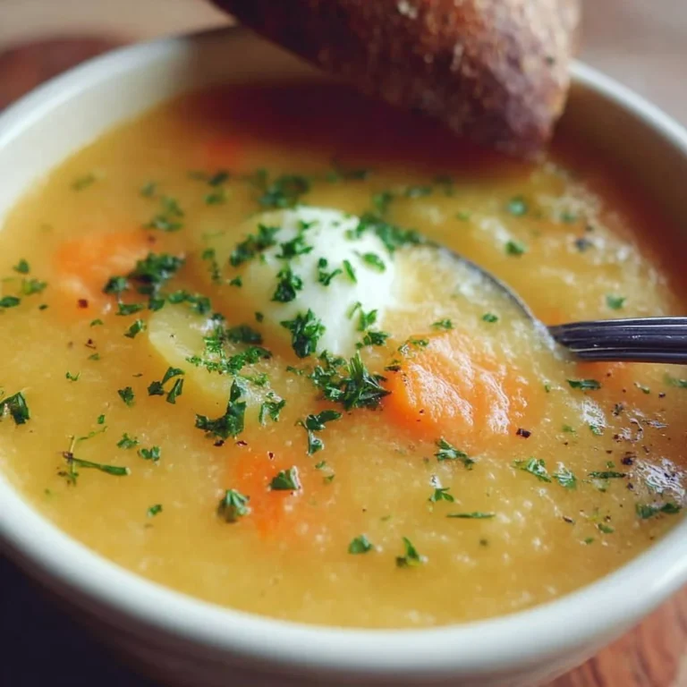 Warm and creamy Carrot Potato Soup served in a bowl with fresh herbs.