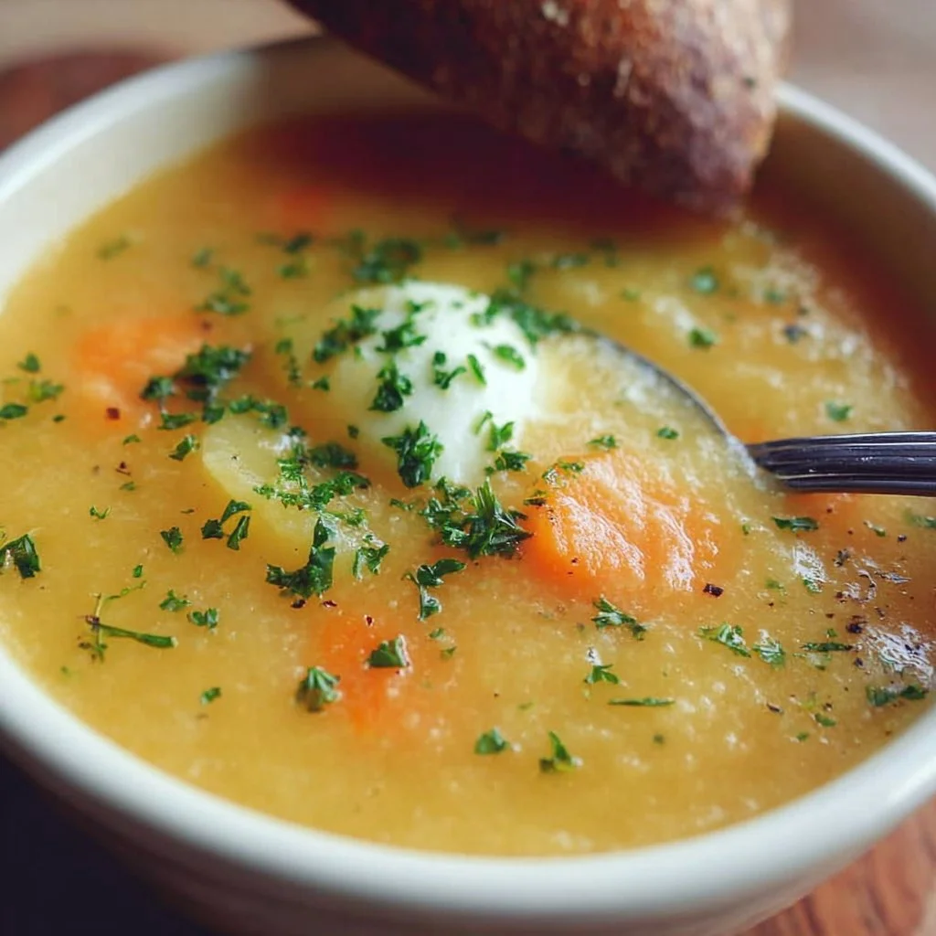 Warm and creamy Carrot Potato Soup served in a bowl with fresh herbs.