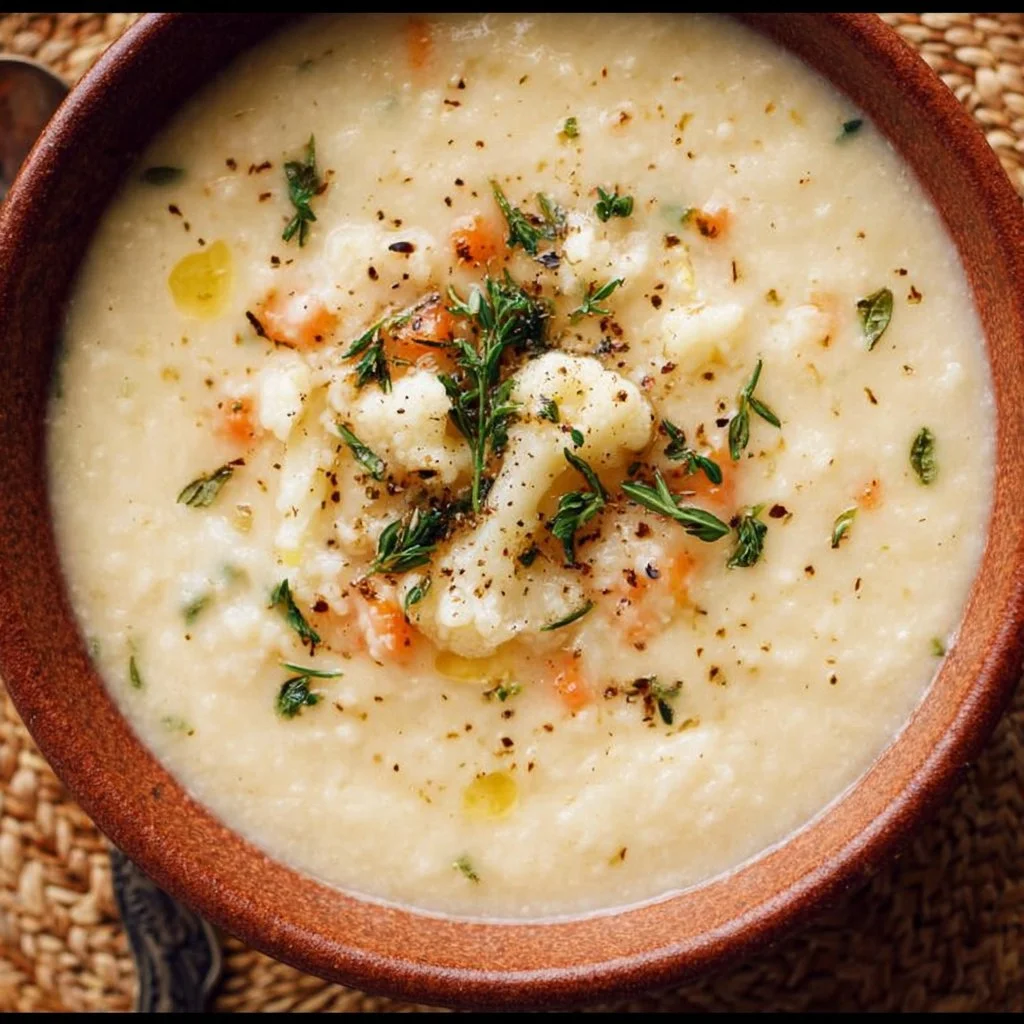 Creamy cauliflower soup garnished with herbs in a rustic bowl