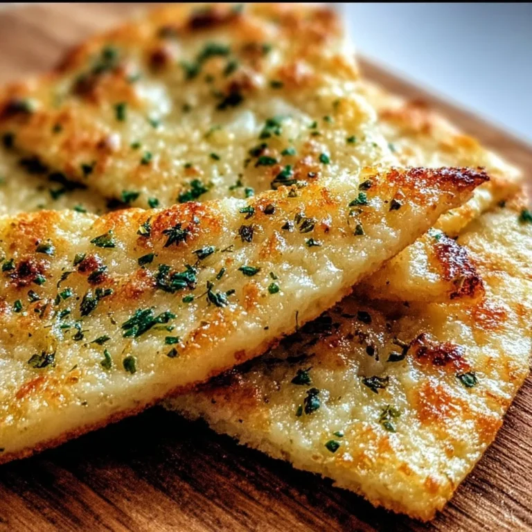 Cheesy keto garlic flatbread on a wooden board with herbs
