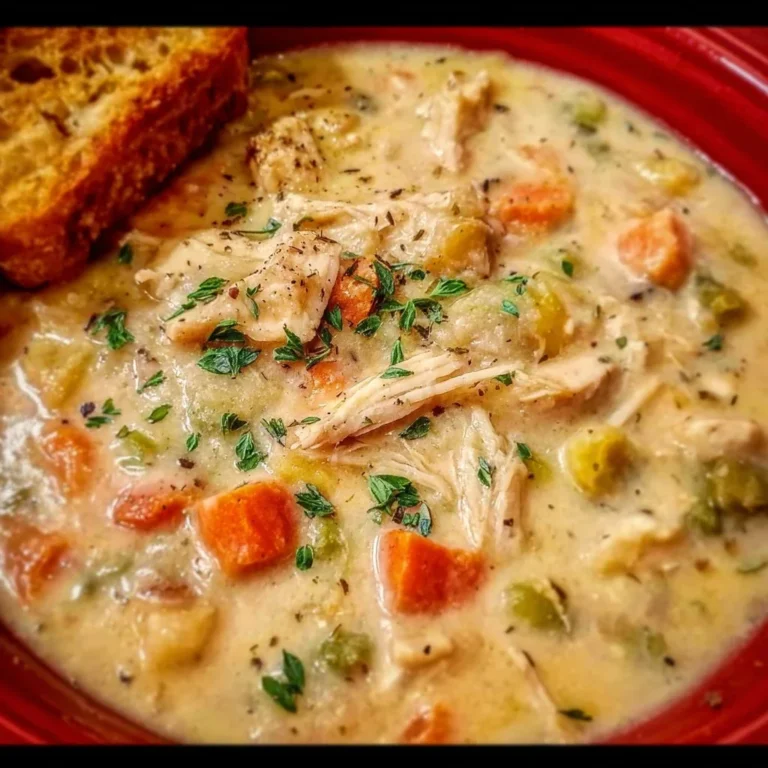 Creamy chicken pot pie soup in a bowl with veggies and herbs