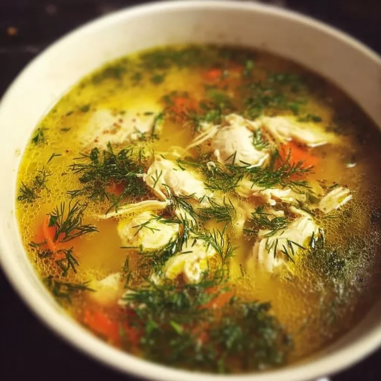 A bowl of Chicken Soup with Dill garnished with fresh herbs