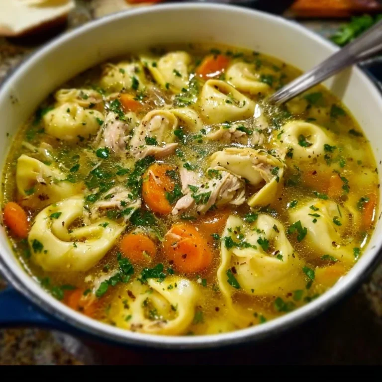 Delicious bowl of Chicken Tortellini Soup with fresh herbs and ingredients