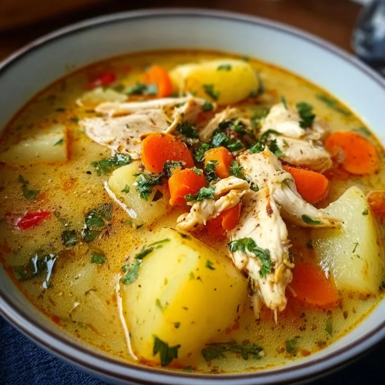 Bowl of comforting chicken soup with potatoes and fresh herbs