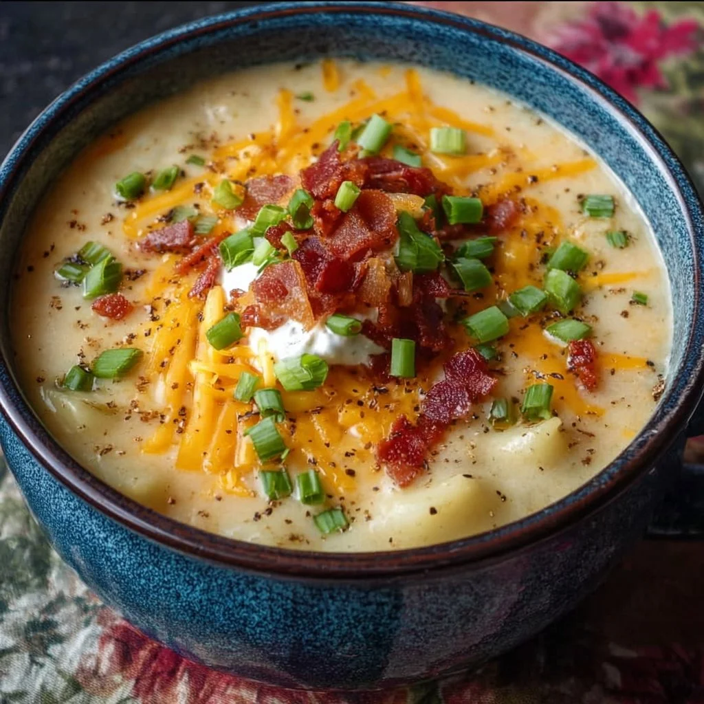 Creamy loaded baked potato soup garnished with chives and cheese
