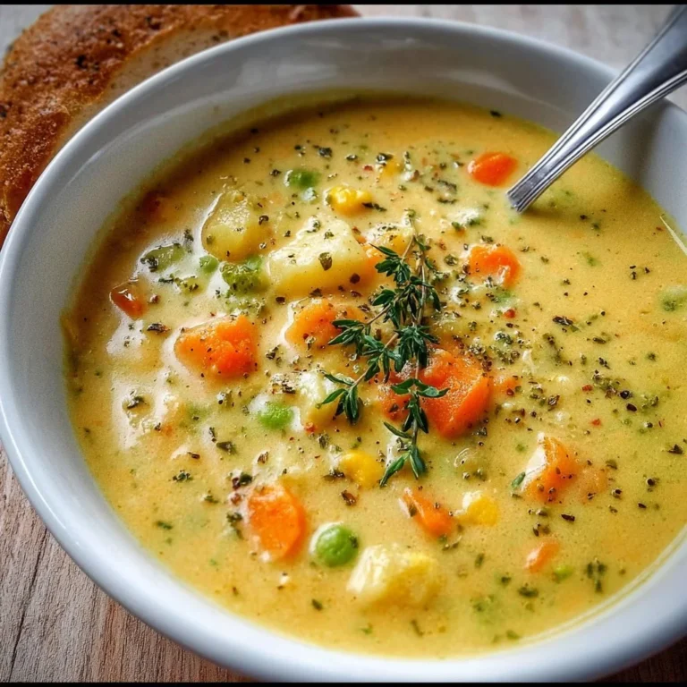 A bowl of comforting one-pot creamy vegetable soup with fresh vegetables.