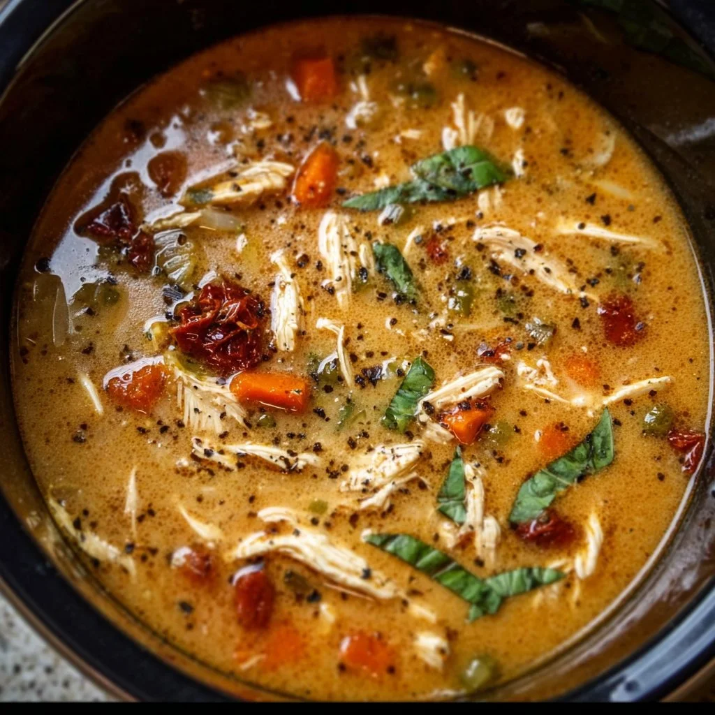 Bowl of cozy crockpot soup with fresh ingredients and herbs