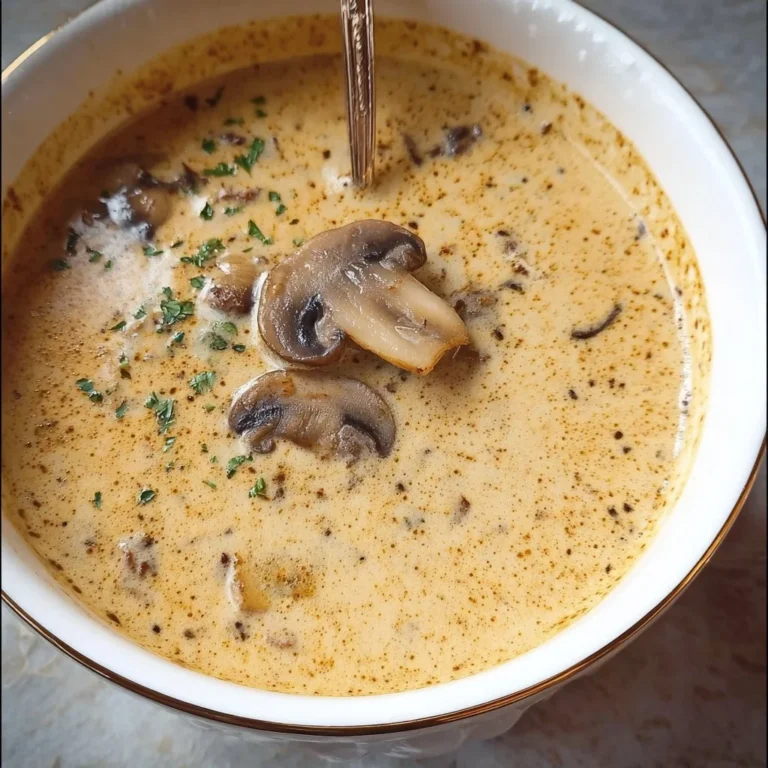 Creamy mushroom soup in a bowl garnished with herbs