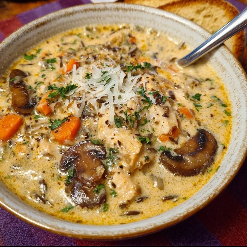 Bowl of creamy mushroom chicken and wild rice soup garnished with herbs