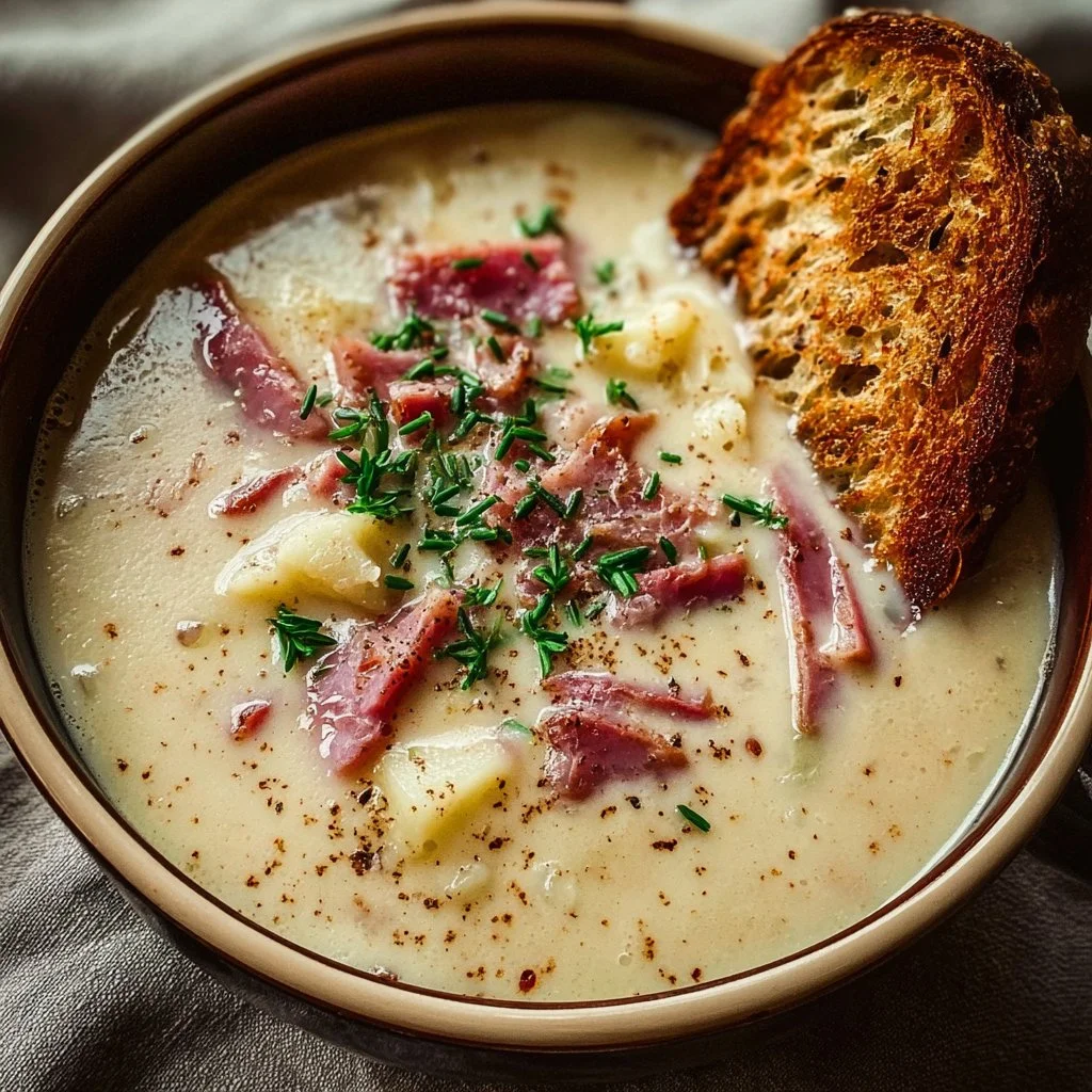 Bowl of creamy Reuben soup topped with herbs and croutons
