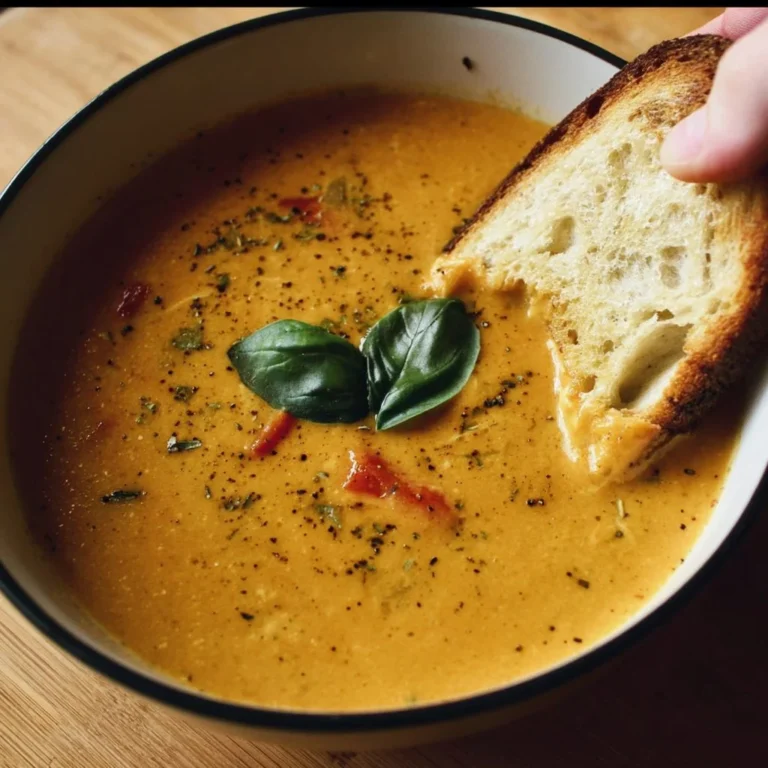 Bowl of creamy roasted veggie soup garnished with herbs