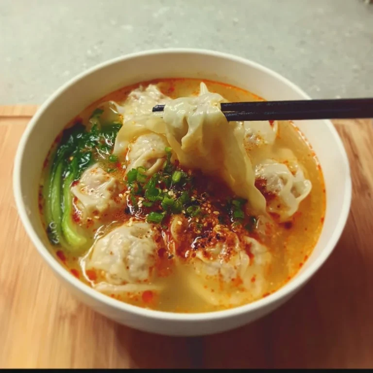 Bowl of easy dumpling soup with fresh ingredients and a warm broth