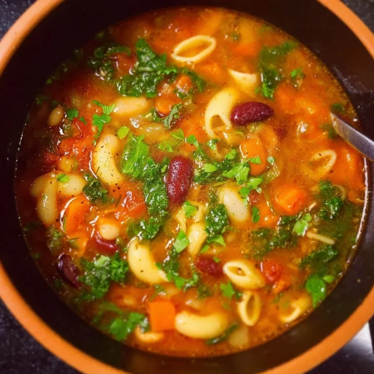 Bowl of easy minestrone soup with colorful vegetables and pasta.