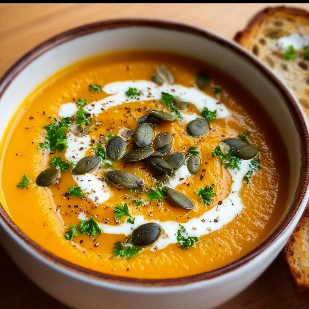 Bowl of easy roasted pumpkin soup with garnishes on a wooden table.